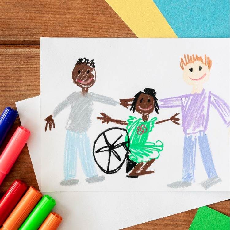 ציור ילדים וילדע על כיסא גלגלים
